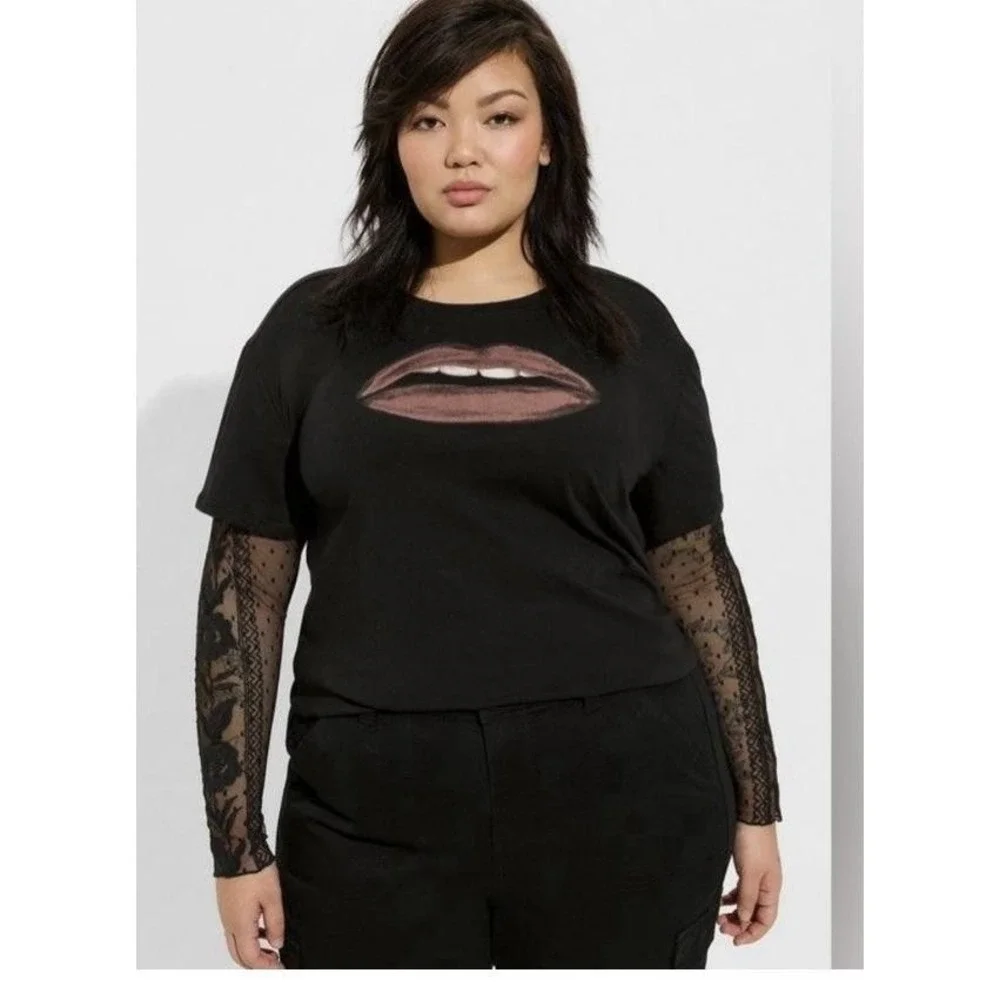 NWT‎ Torrid Lips Two-For Cotton Jersey Lace Sleeve Tee 2X